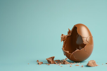 Broken chocolate egg with cracked eggshell. Minimal Easter holiday concept. Copy space. - obrazy, fototapety, plakaty