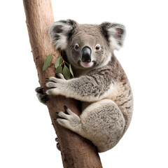 Koala bear hugging tree branch, isolated on transparent background
