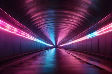 tunnel illuminated by colorful vibrant neon lights, background 