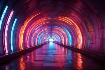 tunnel illuminated by colorful vibrant neon lights, background 