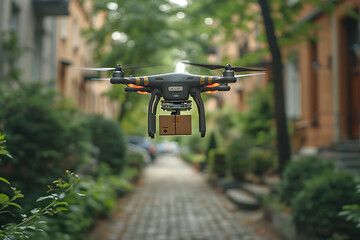 delivery drone delivers a large brown mail package around the city