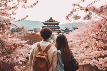 桜満開の日本を観光する外国人旅行客