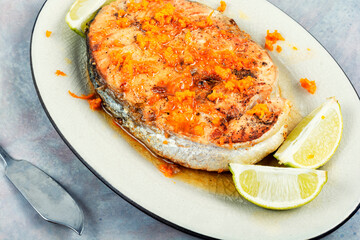 Grilled, baked, roasted fish salmon.
