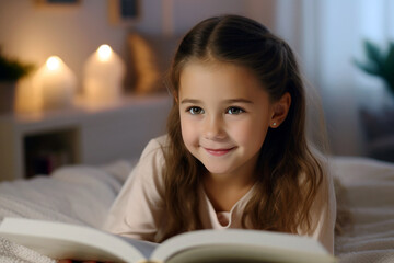 Cute little girl reading book on bed at home in the evening