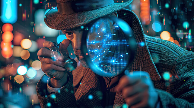 A spy with a magnifying glass searching