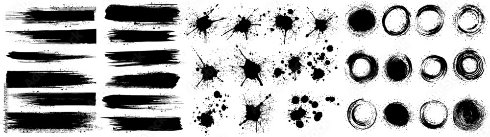 Poster Set of paint brush stroke, ink splatter and artistic design elements. Ink splashes. Rough smears and stains. High quality manually traced. Drops blots isolated. Ink drops and splashes isolated element