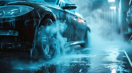 Car Driving Through Puddle of Water, Watersplash in Action - obrazy, fototapety, plakaty