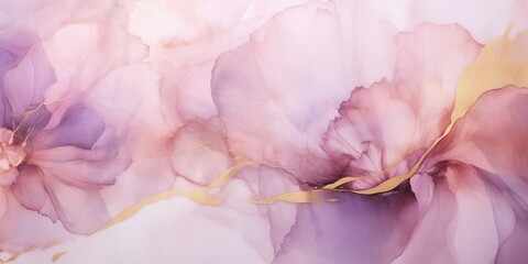 白背景にアルコールインクアートの花風の紫の流動体に金色の装飾。横長抽象バナー