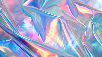 A holographic fabric with a shiny iridescent texture