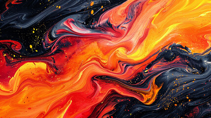 A vibrant dance of colors in a liquid swirl, mixing shades of fiery red and sunset orange, mimicking the flow of lava meeting ocean waves, abstract background