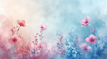 A gentle cascade of pastel hues, where sky blue and pale pink merge in a delicate watercolor wash, evoking the softness of early spring flowers, abstract background
