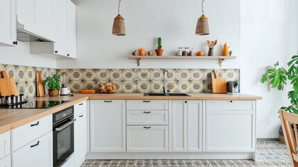 A well-organized kitchen with white cabinetry and a patterned backsplash, featuring wooden countertops and shelves filled with various kitchenware.