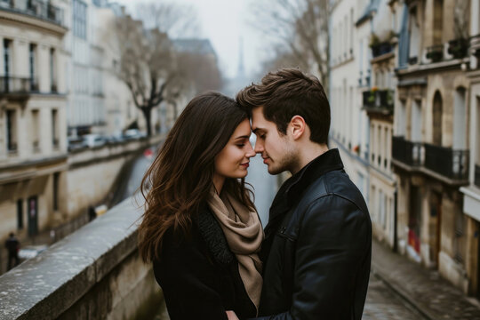 A loving couple lost in each other's eyes, surrounded by the enchanting ambiance of Paris