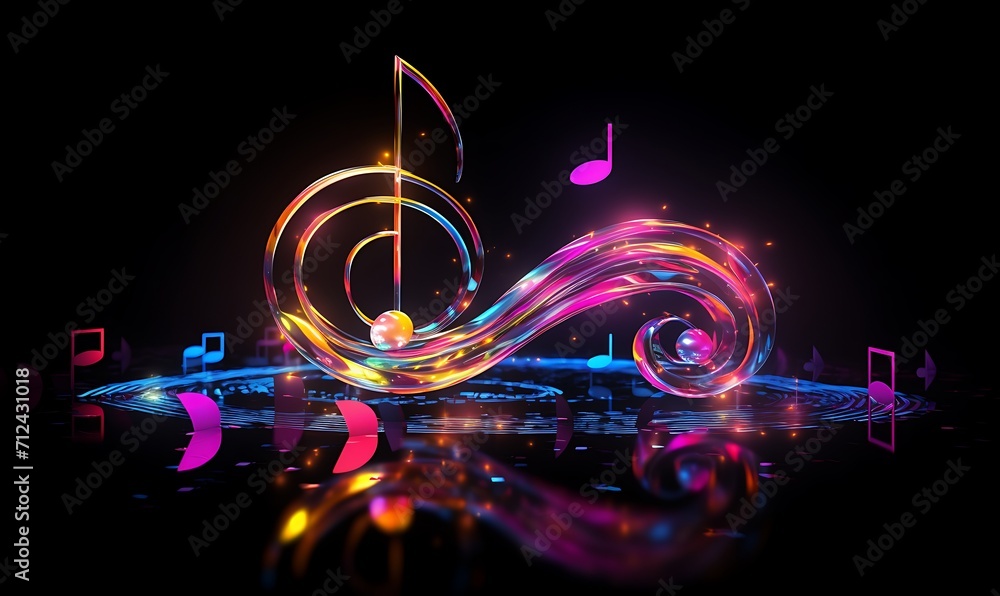 Poster musical note in neon colours with a modern, tech style and a dark background. generative ai