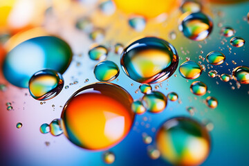 Close up macro image depicting droplets of oil in water on a multi colored background. The oil forms interesting circles and spheres in the water, and colorful background produces an abstract effect 