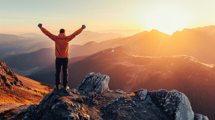 Positive man celebrating on mountain top, with arms raised up. Generative AI