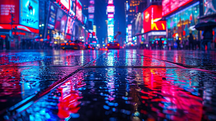 A rain-soaked street reflecting neon signs in a bustling city at night, with vibrant splashes of red and blue light on the pavement