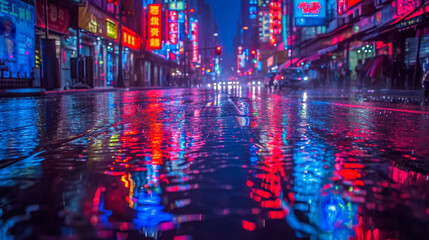 A rain-soaked street reflecting neon signs in a bustling city at night, with vibrant splashes of red and blue light on the pavement