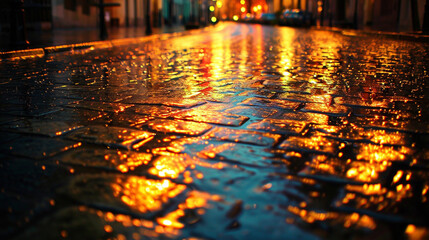 A cityscape after a downpour, with the warm glow of streetlights casting reflections on the wet cobblestones, creating a mosaic of gold and amber