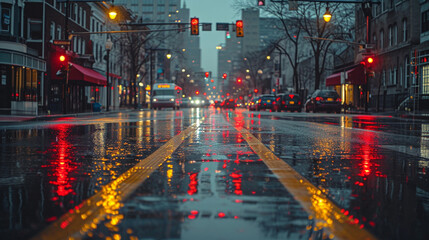 A downtown thoroughfare captured after a storm, its surfaces painted with the reflections of red brake lights and white headlights - obrazy, fototapety, plakaty