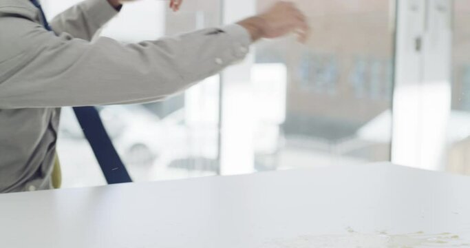 Frustrated businessman, hands and laptop in anger, upset or bad destruction for loss, fail or stress at office. Angry man sweeping or throwing equipment off desk in rage or violence at workplace