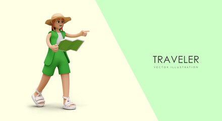 3D female tourist in cartoon style. Girl in green clothes holds map and indicates direction. Color layout. Advertising concept for travel agency, navigation applications