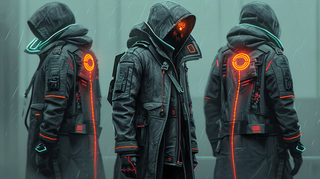 A character concept for a black-market tech dealer, wearing a coat with hidden compartments for contraband chips and cybermods, highlighted with subtle neon accents