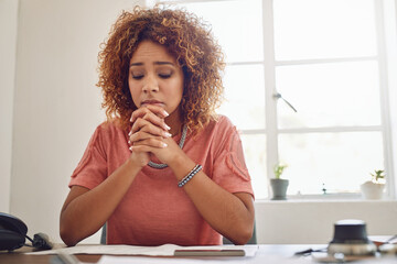 Office, woman or worker praying, faith or hope for career, job or work opportunity in workplace for...