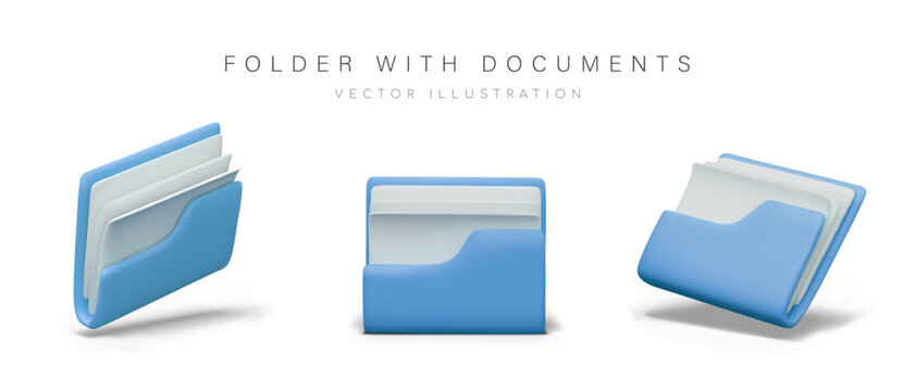 Realistic blue folder with white sheets. Stationery for storing documents
