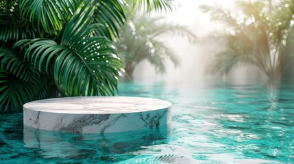 Fototapeta na wymiar Top view of marble podium stand in swimming pool water with palm leaves. Summer tropical background for luxury product placement.