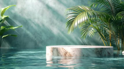 Fotobehang Top view of marble podium stand in swimming pool water with palm leaves. Summer tropical background for luxury product placement. © ND STOCK