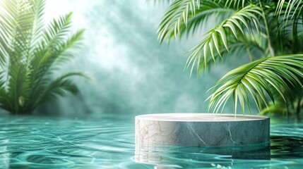 Top view of marble podium stand in swimming pool water with palm leaves. Summer tropical background for luxury product placement. - Powered by Adobe