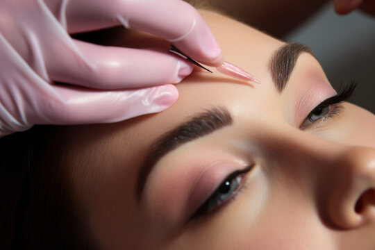 Close-up of a beautician hands microblading eyebrows to model 