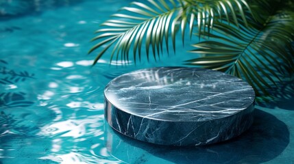 Fototapeta na wymiar Top view of marble podium stand in swimming pool water with palm leaves. Summer tropical background for luxury product placement.
