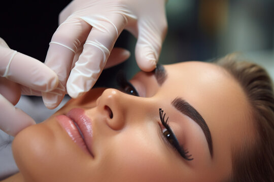 Close-up of a beautician hands microblading eyebrows to model 