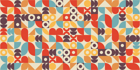 Geometric abstract shapes background. Seamless pattern in trendy retro brutalism style. Modern vector illustration.