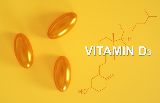 Pills on yellow background with chemical formula vitamin D3. 3d-rendering