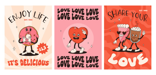 Valentine's Day set of vintage posters. Happy and cheerful retro mascots. Old animation 50s 60s 70s, groovy cartoon characters of coffee sweets and hearts, donut, cupcake, espresso, latte, present