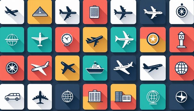 Travel Icon Set with Plane and Map in Vector Graphic