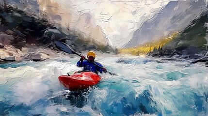 Man Kayaking on River Painting
