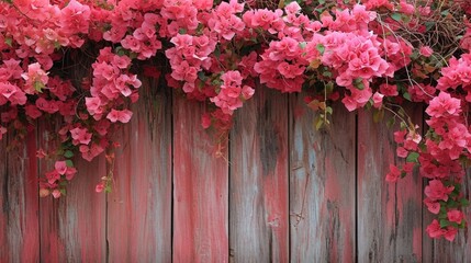 Bougainvillea blossoms cascading like a waterfall over a weathered fence.  - obrazy, fototapety, plakaty