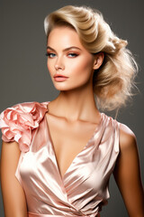 portrait of a woman with hair Valentines makeup cinematic glam champagne gold