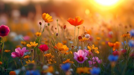 Wildflowers in a meadow, bathed in the warm hues of a late afternoon sun. - obrazy, fototapety, plakaty