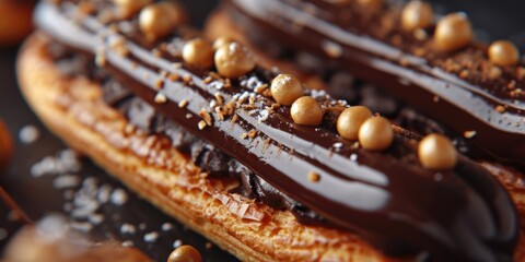A close-up view of a delectable pastry adorned with rich chocolate and crunchy nuts. Perfect for showcasing the deliciousness of desserts and enticing food lovers. - obrazy, fototapety, plakaty