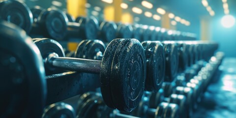 A row of black dumbbells in a gym. Perfect for fitness and workout related designs