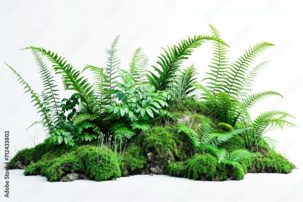 Poster A pile of moss and ferns on a white surface. Ideal for adding a touch of nature and freshness to any design or project