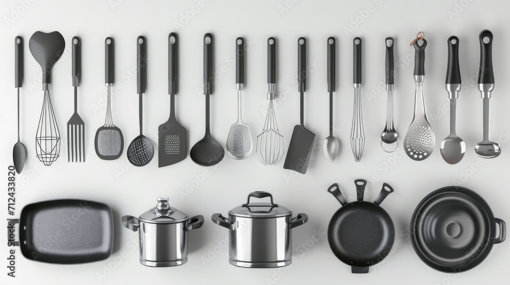 Poster a collection of kitchen utensils hanging on a wall. this versatile image can be used for various coo
