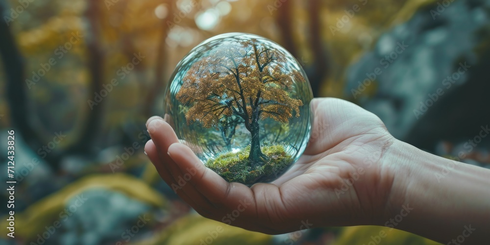 Poster a person is holding a glass ball with a miniature tree inside. this unique and captivating image can
