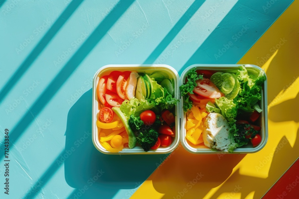 Poster two plastic containers filled with different types of food. great for showcasing a variety of meal o