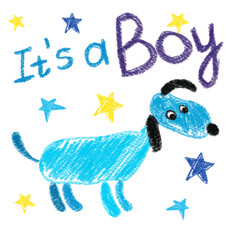 Handdrawn blue dog on white background for gender party. Isolated images for boy. Pencil technique. 